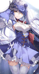 Rule 34 | 1girl, absurdres, black gloves, blue cape, blue dress, blue flower, blue rose, breasts, brown eyes, cape, dress, melusine (fate), melusine (second ascension) (fate), fate/grand order, fate (series), flower, forked eyebrows, frills, gloves, grin, hair flower, hair ornament, herigaru (fvgyvr000), highres, long hair, long sleeves, looking at viewer, rose, sidelocks, small breasts, smile, solo, thighhighs, thighs, veil, white hair, white thighhighs