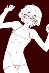 Rule 34 | 1girl, bikini, breasts, female focus, glasses, highres, looking at viewer, lying, micro bikini, monochrome, navel, on back, open mouth, original, ribs, short hair, simple background, sinobgm 108, skinny, small breasts, solo, swimsuit