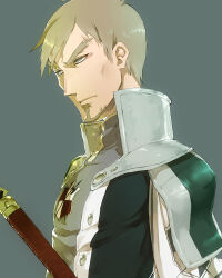 1boy armor blonde_hair facial_hair facing_to_the_side goatee green_background green_trim grey_hair grey_shirt grey_tunic gurast holding holding_sword holding_weapon knight looking_to_the_side male_focus mature_male original popped_collar shirt shoulder_armor sword tunic weapon