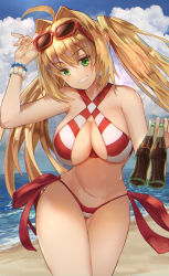 Rule 34 | 10s, 1girl, adjusting eyewear, ahoge, beach, bikini, blonde hair, bracelet, breasts, coke, curvy, day, fate/extra, fate/grand order, fate (series), female focus, green eyes, halterneck, highres, jewelry, large breasts, long hair, long twintails, looking at viewer, nero claudius (fate), nero claudius (fate) (all), nero claudius (fate/extra), nero claudius (swimsuit caster) (fate), ocean, outdoors, plaster (2501), red bikini, side-tie bikini bottom, smile, solo, striped bikini, striped clothes, summer, sunglasses, swimsuit, thighs, twintails, wide hips