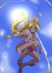 Rule 34 | 10s, 1girl, blonde hair, boots, bow, brooch, choker, cure rhythm, day, dress, frills, from below, full body, gathers, green eyes, hair ribbon, heart, jewelry, jumping, knee boots, lens flare, long hair, magical girl, minamino kanade, precure, ribbon, serious, sky, solo, suite precure, sun, tj-type1, white choker, wrist cuffs