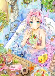 Rule 34 | 1girl, bathroom, bathtub, blue eyes, bottle, cherry, collarbone, commentary request, curtains, drink, drinking, drinking straw, drinking straw in mouth, fins, fish, food, fruit, head fins, highres, holding, holding drink, ice, ice cube, indoors, leaf, light purple hair, long hair, looking at viewer, navel, orange (fruit), orange slice, original, partially submerged, plant, potted plant, rubber duck, scales, shell, shell bikini, sink, solo, spill, spoon, starfish, tile wall, tiles, water, yuyuharu 1027