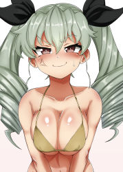 Rule 34 | 1girl, anchovy (girls und panzer), anger vein, bikini, black ribbon, blush, breasts, brown bikini, brown eyes, chyazuke syake, cleavage, closed mouth, commentary, drill hair, embarrassed, girls und panzer, glaring, green hair, hair ribbon, half-closed eyes, halterneck, highres, large breasts, long hair, looking at viewer, navel, ribbon, smile, solo, sweatdrop, swimsuit, twin drills, twintails, upper body, v-shaped eyes
