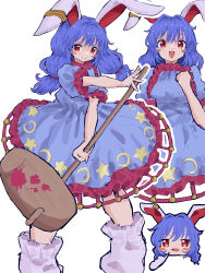 Rule 34 | 1girl, absurdres, ambiguous red liquid, animal ears, blue dress, blue hair, blush, bobby socks, breasts, clenched hand, crescent, crescent print, dress, earclip, frilled dress, frilled sleeves, frills, full body, highres, holding, holding mallet, kine, looking at viewer, low twintails, mallet, medium hair, moon rabbit, mugi (mugimugi 9kv), multiple views, open mouth, puffy short sleeves, puffy sleeves, rabbit ears, red eyes, seiran (touhou), short sleeves, simple background, smile, socks, stain, star (symbol), star print, touhou, twintails, white background, white socks