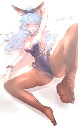 Rule 34 | 1girl, animal ears, arm behind head, armpits, bare shoulders, black leotard, blue hair, bow, bowtie, breasts, brown pantyhose, cleavage, covered navel, detached collar, ferry (granblue fantasy), full body, granblue fantasy, hair bow, highres, leg up, leotard, long hair, looking at viewer, lying, nattsun (018), no shoes, on side, open mouth, orange eyes, pantyhose, simple background, small breasts, solo, twitter username, white background, wrist cuffs
