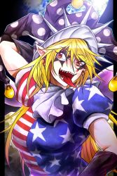 Rule 34 | 1girl, american flag dress, american flag shirt, arm behind head, black gloves, blonde hair, breasts, clownpiece, earrings, earth (planet), elbow gloves, facial tattoo, fangs, female focus, gloves, hat, jester cap, jewelry, large breasts, long hair, looking at viewer, aged up, open mouth, pointy ears, puffy short sleeves, puffy sleeves, red eyes, ryuuichi (f dragon), sharp teeth, short sleeves, smile, solo, tattoo, teeth, tongue, tongue out, touhou, upper body, very long hair