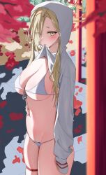 Rule 34 | 1girl, animal ears, bikini, blonde hair, blue archive, blush, breasts, clothes in mouth, fox ears, hairband, highres, hood, hood up, hoodie, kaho (blue archive), large breasts, looking at viewer, mole, mole under mouth, mouth hold, navel, nenight, petals, shirt in mouth, short eyebrows, sleeves past wrists, solo, stomach, swimsuit, thigh strap, white bikini, white hoodie, yellow eyes