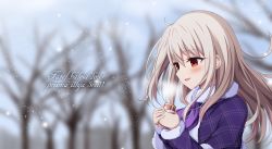 Rule 34 | 1girl, bare tree, blonde hair, blurry, blurry background, blush, can, cat, coat, commentary, copyright name, fate/kaleid liner prisma illya, fate (series), fur-trimmed sleeves, fur collar, fur trim, hair between eyes, highres, holding, holding can, illyasviel von einzbern, long hair, morokoshi (tekku), parted lips, plaid, plaid coat, red eyes, smile, snowing, solo, steam, tree, upper body, winter, winter clothes, winter coat