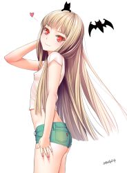 Rule 34 | 1girl, ass, bat (animal), blonde hair, blunt bangs, blush, breasts, child, commentary request, covered erect nipples, cowboy shot, crop top, denim, denim shorts, fang, flat ass, from side, green shorts, heart, kanzaki muyu, long hair, looking at viewer, looking to the side, midriff, original, red eyes, shirt, short shorts, short sleeves, shorts, simple background, small breasts, smile, solo, standing, upper body, white background, white shirt
