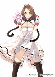 Rule 34 | 1girl, ahoge, black thighhighs, breasts, brown eyes, brown hair, cleavage, cowboy shot, dress, gloves, hair ornament, hairclip, keypot, large breasts, long hair, looking at viewer, million chain, official art, smile, solo, thighhighs, white background, white dress