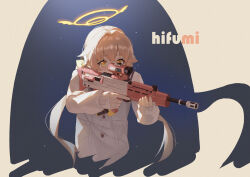 Rule 34 | 1girl, absurdres, aiming, assault rifle, blue archive, blush, bow, bullpup, cardigan, character name, commentary, covering own mouth, cropped torso, english commentary, guan 312, gun, hair bow, hair intakes, halo, hifumi (blue archive), highres, holding, holding weapon, l85, light brown hair, long hair, looking at viewer, rifle, solo, twintails, upper body, weapon, white cardigan, winged halo, yellow bow, yellow eyes, yellow halo