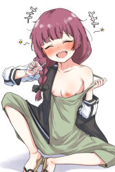Rule 34 | 1girl, :d, black jacket, blunt bangs, blush, bocchi the rock!, braid, braided ponytail, breasts, closed eyes, dress, drinking, drinking straw, drunk, green dress, highres, hiroi kikuri, jacket, machismo fuji, nipples, one breast out, open mouth, pulled by self, sandals, sharp teeth, sitting, small breasts, smile, solo, squeans, teeth, upper teeth only, white sleeves