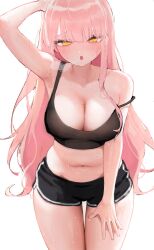 Rule 34 | 1girl, 28mm, :o, arm behind head, arm up, armpits, black shorts, black tank top, blush, breasts, breath, cleavage, cowboy shot, crop top, dolphin shorts, hand on own thigh, highres, large breasts, leaning forward, long hair, looking at viewer, midriff, mole, mole on breast, mole under eye, navel, no pupils, open mouth, original, pink hair, short shorts, shorts, simple background, single sidelock, solo, standing, stomach, strap slip, sweat, tank top, wet, white background, yellow eyes