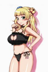 Rule 34 | 10s, 1girl, bell, blonde hair, blush, breasts, cat cutout, cat ear panties, cat lingerie, cleavage, cleavage cutout, clothing cutout, collar, curvy, earrings, galko, green eyes, hair bun, hair ornament, hair scrunchie, hand on own hip, highres, jewelry, jingle bell, large breasts, lingerie, long hair, looking at viewer, meme attire, nail polish, navel, okayou, oshiete! galko-chan, panties, scrunchie, side-tie panties, single hair bun, smile, solo, standing, thick thighs, thighs, underwear, underwear only