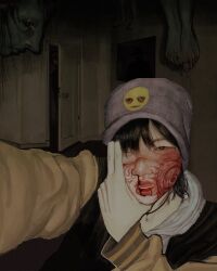 Rule 34 | beanie, black eyes, black hair, blood, blood on face, cuts, dark room, grey hat, hand on own face, hanging legs, hat, highres, hood, hood down, horror (theme), injury, jewelry, lip piercing, lip ring, long sleeves, monster, necklace, nose piercing, nose ring, one eye closed, opening door, original, piercing, red pupils, selfie, svvshi