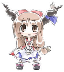Rule 34 | 1girl, blush, bow, brown eyes, brown hair, chain, chibi, eyebrows, female focus, footwear bow, hair bow, horn ornament, horn ribbon, horns, ibuki suika, kugelschreiber, long hair, looking up, lowres, open mouth, ribbon, ribbon-trimmed skirt, ribbon trim, shirt, shoes, skirt, socks, solo, torn clothes, torn sleeves, touhou, v arms, wrist cuffs