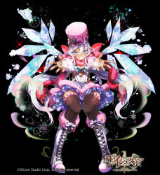 Rule 34 | 1girl, absurdres, age of ishtaria, blue eyes, boots, bow, company name, copyright name, copyright notice, cross-laced clothes, cross-laced footwear, dark skin, frilled skirt, frills, fur-trimmed boots, fur-trimmed skirt, fur-trimmed sleeves, fur trim, hat, high heel boots, high heels, highres, ice, ice wings, jewelry, kanola u, koku no ishtaria, lace-up boots, layered skirt, logo, long hair, looking at viewer, official art, open mouth, outstretched arms, outstretched hand, ribbon, saga of ishtaria, scarf, see-through, skindentation, skirt, snowflakes, thighhighs, twintails, white hair, wings