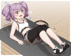 Rule 34 | 1girl, bare arms, bare shoulders, black footwear, black leggings, blush, breasts, commission, crop top, full body, grey shorts, leggings, leggings under shorts, lying, midriff, navel, on back, open mouth, original, pantyhose, purple eyes, purple hair, ring-con, ring fit adventure, shoes, short shorts, shorts, skeb commission, small breasts, solo, sweat, trembling, twintails, v-shaped eyebrows, wooden floor, yukie (kusaka shi)