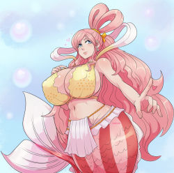 Rule 34 | 1girl, blue eyes, breasts, cleavage, covered erect nipples, curvy, highres, huge breasts, long hair, navel, one piece, pink hair, pinkkoffin, shirahoshi, solo, tagme, very long hair, wide hips