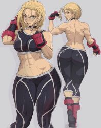 Rule 34 | 1girl, abs, ass, blonde hair, blue eyes, breasts, cammy white, fingerless gloves, from behind, gloves, grey background, highres, medium breasts, muscular, muscular female, pants, scar, scar on face, short hair, street fighter, street fighter 6, topless female, wide hips, yoracrab