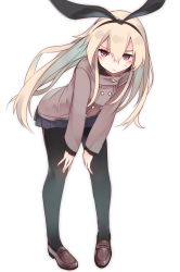 Rule 34 | 10s, 1girl, black pantyhose, blonde hair, blush, brown eyes, coat, hairband, highres, kantai collection, leaning forward, loafers, long hair, otokuyou, pantyhose, ribbed sweater, shimakaze (kancolle), shoes, simple background, skirt, solo, sweater, very long hair, white background