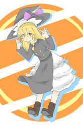 Rule 34 | 1girl, absurdres, black coat, black hat, blonde hair, blush, boots, bow, braid, brown footwear, closed mouth, coat, commentary request, cookie (touhou), double m/, full body, hair between eyes, hat, hat bow, highres, kirisame marisa, long hair, long sleeves, looking at viewer, m/, purple bow, rei (cookie), shirt, side braid, single braid, skirt, smile, solo, touhou, turtleneck, white shirt, white skirt, witch hat, yellow eyes, yumekamaborosh