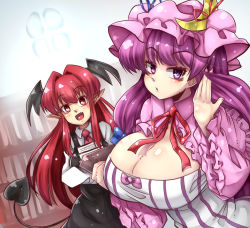 Rule 34 | 2girls, :d, backlighting, bloom, blush, book, breasts, cleavage, crescent, crescent hat ornament, demon tail, dress, fang, hair intakes, hat, hat ornament, head wings, holding, holding book, huge breasts, koakuma, large breasts, long hair, long sleeves, looking at viewer, multiple girls, necktie, norori, open mouth, patchouli knowledge, pointy ears, purple eyes, purple hair, red eyes, red hair, shirt, smile, striped, tail, touhou, very long hair, wings
