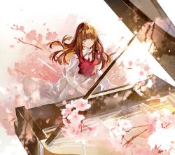 Rule 34 | 1girl, abstract background, blunt bangs, bow, bowtie, brown eyes, brown hair, commentary, deemo, dress, flower, girl (deemo), grand piano, highres, instrument, long hair, long sleeves, looking at viewer, music, niwa haruki, piano, pink background, pink flower, pink vest, playing instrument, playing piano, smile, solo, upper body, vest, white background, white bow, white bowtie, white dress