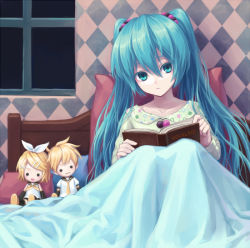 Rule 34 | 1girl, aqua eyes, aqua hair, bed, bed sheet, book, character doll, female focus, hatsune miku, hennamono, indoors, kagamine len, kagamine rin, long hair, open book, pajamas, puppet, reading, sitting, solo, twintails, vocaloid