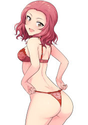 Rule 34 | 10s, 1girl, adjusting clothes, adjusting panties, ass, back, blush, bra, cowboy shot, from behind, girls und panzer, highres, lace, lace bra, lace panties, looking at viewer, looking back, open mouth, panties, red bra, red eyes, red hair, red panties, rosehip (girls und panzer), short hair, simple background, smile, solo, standing, string panties, thong, tsurui, underwear, wedgie, white background