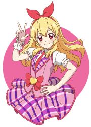 Rule 34 | 1girl, aikatsu!, aikatsu! (series), blonde hair, blush, bow, closed mouth, collared shirt, commentary, hair bow, hairband, hand on own hip, heart, highres, hoshimiya ichigo, kousuke0912, long hair, looking at viewer, necktie, pink skirt, pink vest, puffy short sleeves, puffy sleeves, red eyes, red hairband, red necktie, shirt, short sleeves, skirt, smile, solo, standing, symbol-only commentary, v, vest, white shirt, wrist cuffs