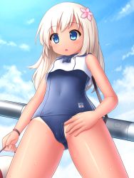 Rule 34 | 10s, 1girl, :o, adjusting clothes, adjusting swimsuit, arisu kazumi, bare shoulders, blonde hair, blue eyes, blue one-piece swimsuit, blush, cloud, covered navel, cowboy shot, crop top, crop top overhang, crotch, day, flat chest, flower, from below, groin, hair flower, hair ornament, hand on thigh, highres, holding, japanese flag, kantai collection, lifebuoy, long hair, one-piece swimsuit, open mouth, outdoors, ro-500 (kancolle), sailor collar, school swimsuit, shirt, sky, sleeveless, sleeveless shirt, solo, spread legs, standing, swim ring, swimsuit, swimsuit under clothes, tan, tanline, thighs, torpedo, wet, white hair, wristband
