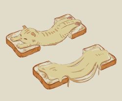 Rule 34 | animal, animal focus, avogado6, bread, bread slice, brown cat, cat, cheese, cheese trail, commentary, closed eyes, food, food focus, from above, light brown background, lying, no humans, on stomach, original, simple background, toast