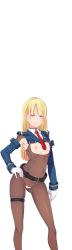 Rule 34 | 1girl, belt, blonde hair, blue eyes, blush, breastless clothes, butcha-u, censored, closed mouth, crotchless, flat chest, game cg, gloves, hand on own hip, kenzen! hentai kouboku no tsutome, legs, long hair, looking at viewer, mireille chika chabrier, nipples, original, pussy, revealing clothes, skin tight, smile, solo, standing, thigh strap, thighs, transparent background, uniform, white gloves
