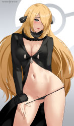 Rule 34 | 1girl, absurdres, arm behind back, artist name, black jacket, black panties, blonde hair, blue eyes, blush, breasts, cleavage, contrapposto, cowboy shot, creatures (company), cynthia (pokemon), fur-trimmed sleeves, fur collar, fur trim, game freak, gluteal fold, grey background, hair ornament, highres, hioyami, jacket, long hair, looking at viewer, medium breasts, navel, nintendo, no bra, open clothes, open jacket, panties, panty pull, parted lips, pokemon, pokemon dppt, smile, solo, stomach, underwear, very long hair