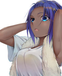 Rule 34 | 1girl, armpits, arms behind head, arms up, blue eyes, breasts, commentary request, dark-skinned female, dark skin, fate/grand order, fate (series), hair slicked back, hassan of serenity (fate), highres, looking at viewer, medium breasts, open mouth, purple hair, shirt, short hair, short sleeves, shunga (shun608), sidelocks, simple background, solo, towel, towel around neck, upper body, wet, wet hair, white background, white shirt, white towel