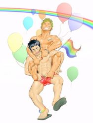 Rule 34 | 2boys, balloon, itto (mentaiko), male focus, multiple boys, muscular, rainbow, undressing, yaoi