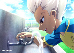 Rule 34 | 1boy, artist name, black eyes, blue shirt, cloud, collared shirt, commentary request, day, faucet, from side, gouenji shuuya, grass, grey hair, holding, inazuma eleven (series), kirinemoe, leaning forward, male focus, open mouth, outdoors, popped collar, shirt, short sleeves, sky, solo, sweat, teeth, tongue, two-tone shirt, upper body, water, watermark, yellow shirt