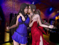 Rule 34 | 2girls, aerith gainsborough, alcohol, arm around shoulder, blue dress, breasts, cocktail dress, cup, dress, drinking glass, final fantasy, final fantasy vii, final fantasy vii remake, highres, holding, kiss, kissing cheek, long hair, multiple girls, official alternate costume, one eye closed, party, red dress, smile, square enix, sundapao, tifa lockhart, tifa lockhart (refined dress), wall market, wine glass, yuri