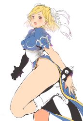 Rule 34 | 1girl, :d, alternate costume, ass, bad id, bad twitter id, bare hips, black eyes, blonde hair, blue dress, blush, boots, bracelet, bun cover, capcom, china dress, chinese clothes, chun-li, chun-li (cosplay), cosplay, djeeta (granblue fantasy), double bun, dress, goshiki suzu, granblue fantasy, jewelry, looking at viewer, no legwear, no panties, open mouth, pelvic curtain, puffy short sleeves, puffy sleeves, short hair, short sleeves, side slit, simple background, smile, solo, spiked bracelet, spikes, street fighter, teeth, thighs, white background, white footwear