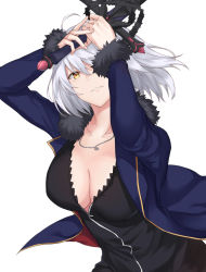 Rule 34 | 1girl, ahoge, black dress, breasts, cleavage, coat, cowboy shot, dress, fate/grand order, fate (series), fur-trimmed coat, fur-trimmed jacket, fur-trimmed sleeves, fur collar, fur trim, jacket, jeanne d&#039;arc (fate), jeanne d&#039;arc alter (fate), jeanne d&#039;arc alter (ver. shinjuku 1999) (fate), jewelry, large breasts, necklace, official alternate costume, short hair, silver hair, sword, terry (pixiv3274443), tsurime, weapon, white background, wicked dragon witch ver. shinjuku 1999, yellow eyes, zipper