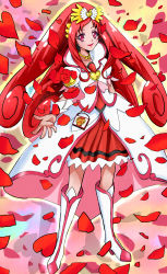 Rule 34 | 1girl, absurdres, amawa kazuhiro, boots, bow, brooch, choker, coat, cure ace, curly hair, dokidoki! precure, dress, flower, full body, hair bow, heart, heart brooch, highres, knee boots, lipstick, long hair, madoka aguri, magical girl, makeup, petals, precure, puffy sleeves, red eyes, red flower, red hair, red rose, red skirt, red theme, rose, rose petals, skirt, smile, solo, standing, wrist cuffs