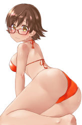Rule 34 | 1girl, aimobake, ass, bad id, bad twitter id, barefoot, bespectacled, bikini, breasts, brown hair, closed mouth, commentary, from behind, frown, glasses, halterneck, highres, honda mio, idolmaster, idolmaster cinderella girls, looking at viewer, looking back, lying, medium breasts, on side, orange eyes, red-framed eyewear, red bikini, short hair, simple background, solo, swimsuit, white background