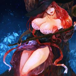 Rule 34 | 1girl, bare shoulders, breasts, cleavage, detached sleeves, dragon&#039;s crown, dress, female focus, fujiyasu, hat, large breasts, lips, long hair, nature, night, outdoors, plant, sky, solo, sorceress (dragon&#039;s crown), staff, strapless, strapless dress, thighs, vanillaware, witch hat