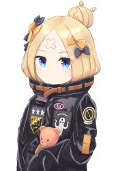 Rule 34 | 1girl, abigail williams (fate), abigail williams (traveling outfit) (fate), alternate hairstyle, artist request, bandaid, bandaid on face, bandaid on forehead, belt, black bow, black jacket, blonde hair, blue eyes, blush, bow, commentary, fate/grand order, fate (series), forehead, hair bow, hair bun, high collar, holding, holding stuffed toy, jacket, long hair, looking at viewer, official alternate costume, orange bow, parted bangs, polka dot, polka dot bow, simple background, single hair bun, sleeves past fingers, sleeves past wrists, solo, stuffed animal, stuffed toy, teddy bear, white background