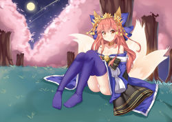 Rule 34 | 1girl, animal ears, bare shoulders, bell, blue thighhighs, bow, breasts, cherry blossoms, chihong de tianshi, choker, cleavage, fang, fang out, fate/grand order, fate (series), fox ears, fox tail, full moon, hair between eyes, hair bow, hair ornament, head tilt, japanese clothes, large breasts, long hair, looking at viewer, moon, multiple tails, official alternate costume, panties, pantyshot, pink hair, purple thighhighs, sitting, smile, solo, tail, tamamo (fate), tamamo no mae (fate/extra), tamamo no mae (third ascension) (fate), thighhighs, underwear, very long hair, white panties, yellow eyes