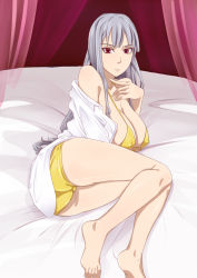 Rule 34 | 00s, 1girl, ass, bare shoulders, barefoot, bed, bikini, breasts, cleavage, covered erect nipples, feet, female focus, ichihisa, long hair, lying, open clothes, open shirt, red eyes, selvaria bles, senjou no valkyria (series), senjou no valkyria 1, shirt, silver hair, solo, swimsuit, white shirt
