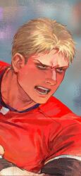 Rule 34 | 1boy, blonde hair, frown, highres, looking to the side, luguoadeli (maple12031), male focus, official alternate costume, open mouth, red shirt, reiner braun, rugby uniform, shingeki no kyojin, shirt, short hair, solo, sportswear, upper body