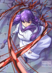 Rule 34 | 1girl, artist logo, black footwear, blood, breasts, chuckuddin, closed mouth, dress, expressionless, fern (sousou no frieren), floating hair, hemokinesis, highres, holding, holding staff, holding weapon, large breasts, long hair, magic, purple eyes, purple hair, sousou no frieren, staff, very long hair, walking, weapon, white dress