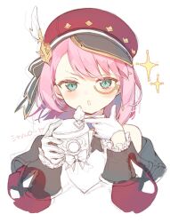 Rule 34 | 1girl, bare shoulders, blush, cabbie hat, camera, charlotte (genshin impact), cropped torso, detached sleeves, genshin impact, gloves, green eyes, hands up, hat, hat feather, highres, holding, holding camera, long sleeves, looking at viewer, medium hair, monocle, open mouth, pink hair, puffy long sleeves, puffy sleeves, red sleeves, shirt, simple background, solo, sparkle, upper body, usanta, white background, white gloves, white shirt